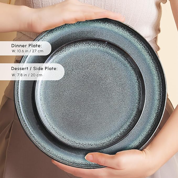 Karaca Fein 24 Piece Reactive Glaze Dinner Set for 6 People Modern Design with Unique Handcrafted Patterns Durable Kitchen Plates and Bowls Sets Stoneware Dinnerware &amp Dishwasher Safe
