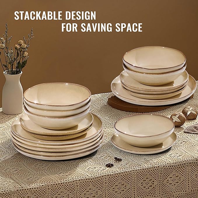 Herogo 12pcs Stoneware Dinnerware Sets for 4 Irregular Handmade Dinner Plates and Bowls Kitchen Dining Dish Dishware Set Microwave &amp Dishwasher Safe Cream Khaki
