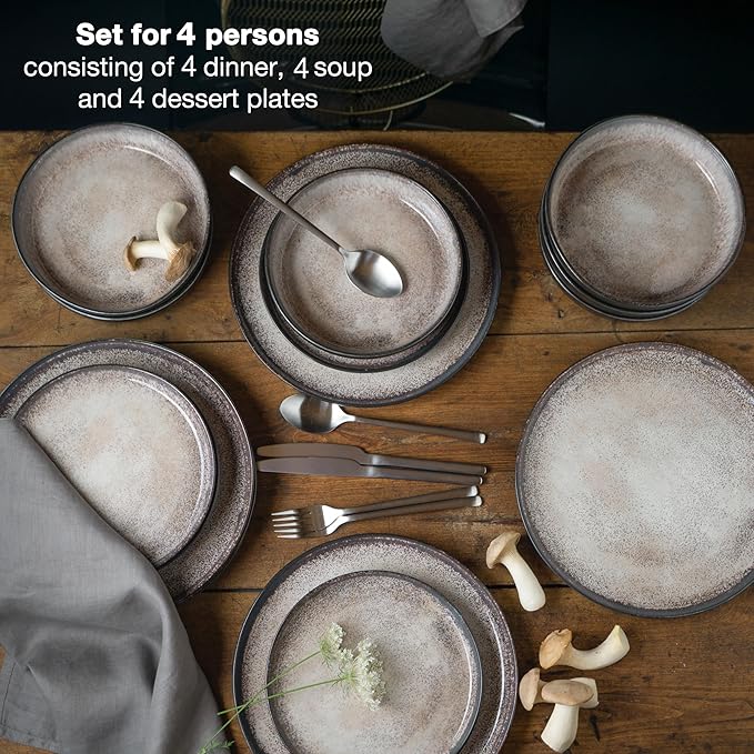 VIDA 12-Piece Chip-Resistant Porcelain Dinnerware Set for 4 | Modern Beige Stoneware Look | Microwave &amp Dishwasher Safe | Complete Service Set