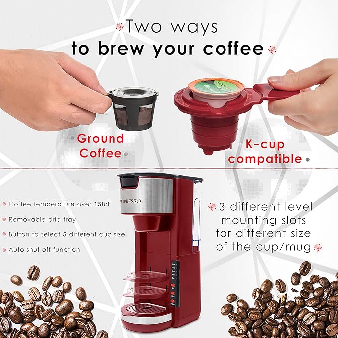 Mixpresso Red Single Serve Coffee Brewer K-Cup Pods Compatible &amp Ground 30 oz Compact Coffee Maker Single Serve With 5 Brew Sizes Up To 14 Oz Fits Travel Mug Adjustable Drip Tray