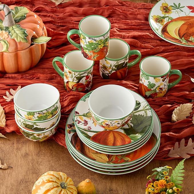Harvest Fields 16-Piece Ceramic Dinnerware Set Service for 4 – Rustic Farmhouse Plates Mugs &amp Bowls for Cozy Dining &amp Entertaining