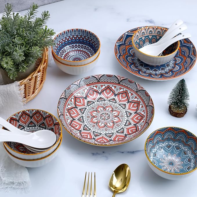 Bohemian Porcelain Dinnerware Set 14-Piece Plates &amp Bowls for 2 Microwave &amp Dishwasher Safe Unique Pattern Gift Set