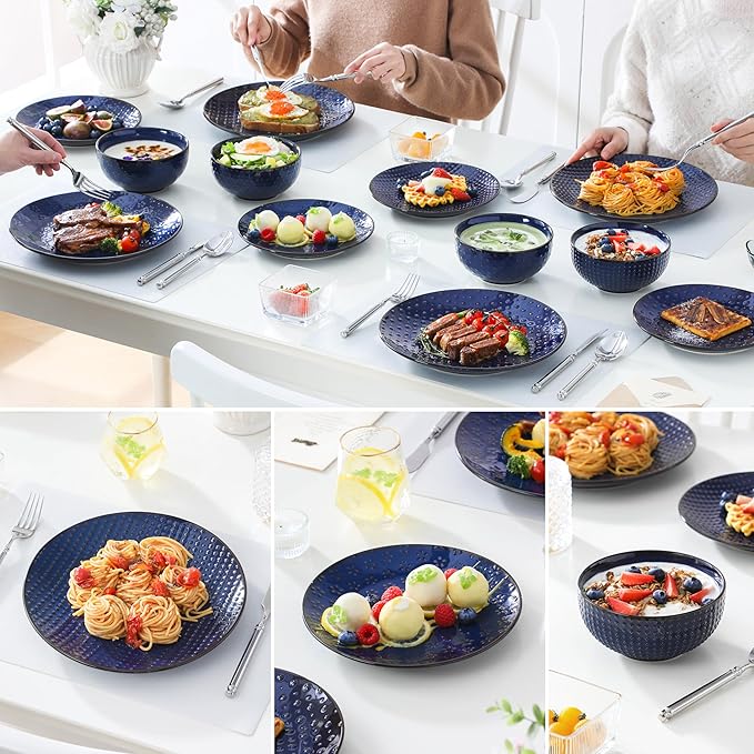 MALACASA 12 Pieces Dinnerware Sets Modern Plates and Bowls Sets Blue Dish Set for 4 Kitchen Ceramic Dinner Plates Dishware Set Microwave and Dishwasher Safe Series LYDIA