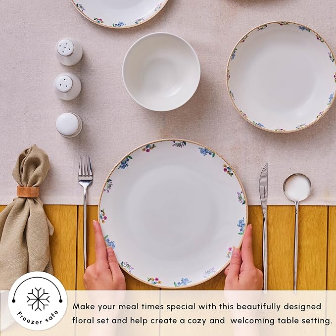 Karaca New Brillo 53-Piece Dinnerware Sets for 12 People Modern Design New Bone China Dinner Set Kitchen Set with Serving Plates Toothpick Holder