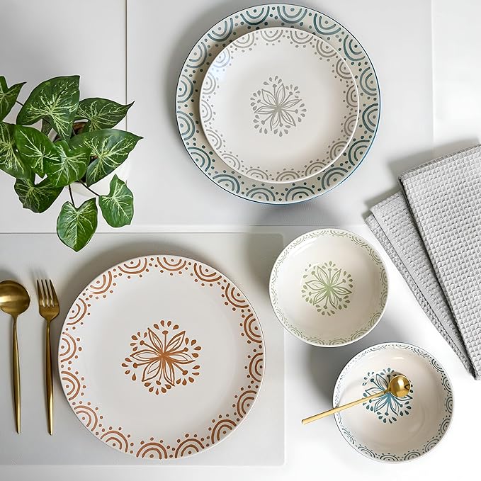 Sango 12-Piece Speckled Stoneware Dinnerware Set for 4- Glossy Plates and Bowls Set with Hand-Painted Floral Pattern Rustic Ceramic Dish Set Elegant Dishes for Everyday Dining Siterra Glazed Garden