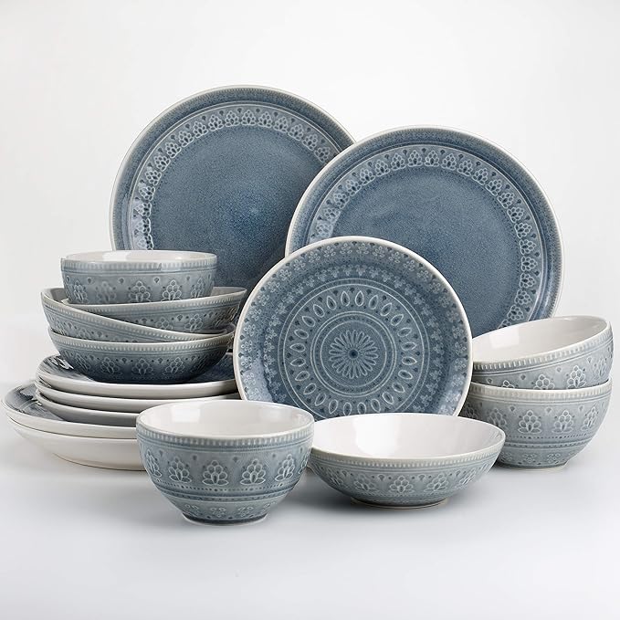 Euro Ceramica Fez 16 Piece Double Bowl Stoneware Mandala Pattern Design Dinnerware Set Service for 4 Grey