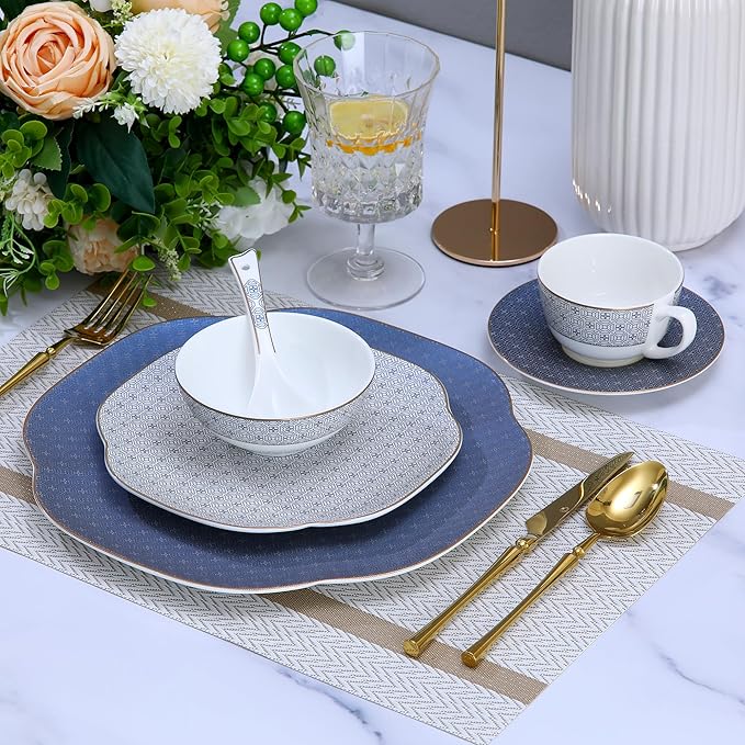 Blue 24 Piece Porcelain Dinnerware SetBone china for 4 Plates and Bowls Sets With Grid pattern Highly Chip and Crack Resistant | Dishwasher Safe Dishes Set (Deep Blue + Grid)