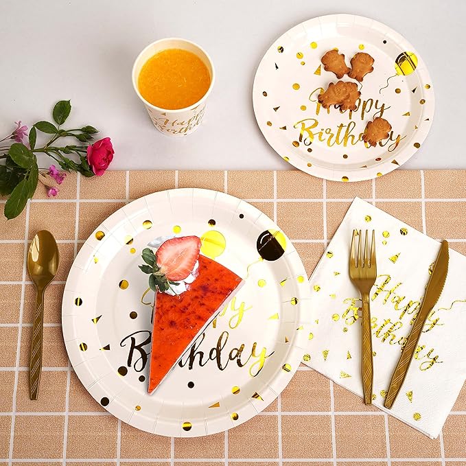 200 pieces of white and gold birthday party supplies disposable happy birthday tableware set gold plastic knives forks spoons straws. Birthday themed tray cup25Guests（white）