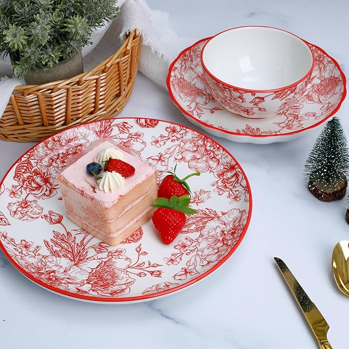 12-Piece Dinnerware Set with Red and White Plates Service for 4 Microwave and Dishwasher Safe