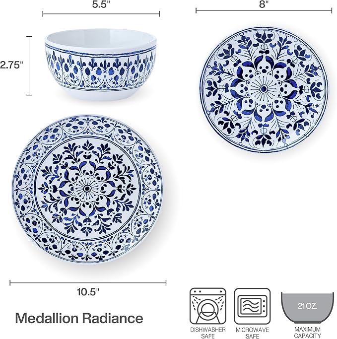 Pfaltzgraff Medallion Radiance 12 Piece Stoneware Dinnerware Plate Bowl Dish Set Service for 4 Blue