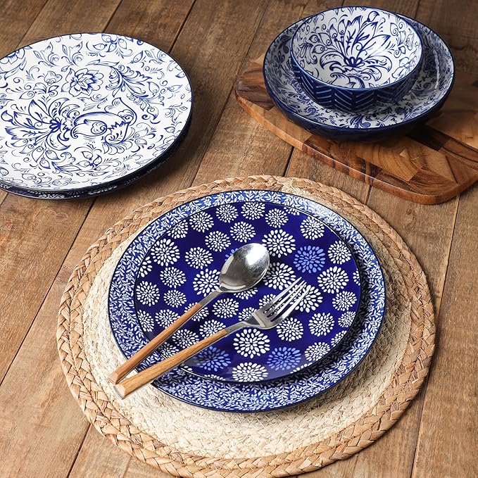 Selamica Ceramic Plates and Bowls Sets 32 Pieces Dinnerware Sets for 8 Scratch Resistant Embossed Dishes Set for Family Gatherings Dishwasher &amp Microwave Safe Dark Blue