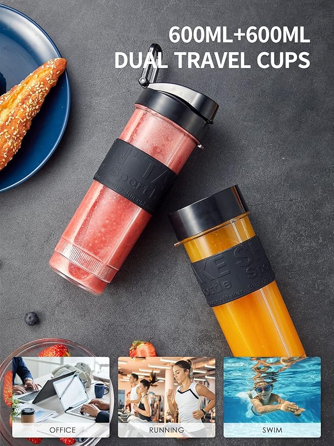 Personal Blender Electric Shake Bottle with 2 x 20oz Travel Bottle and Coffee/Spices Jar Portable Shaker Cups for Protein Shakes 500W Single Serve Blender for Shakes and Smoothies Sports(Black)