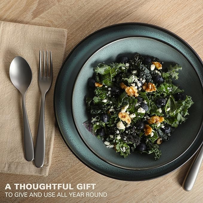 Gibson Elite Tribeca Loft 16-Piece Dinnerware Set – Matte Black and Green Reactive Glaze Stoneware Double Bowl Round Plates and Bowls – Modern Rustic Tableware for 4 Dishwasher &amp Microwave Safe