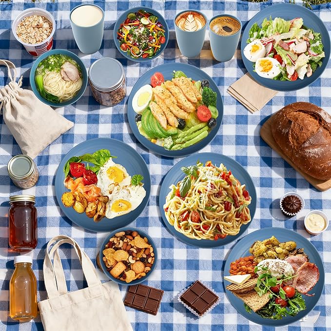 Wheat Straw Dinnerware Sets for 4 Reusable Plastic Dinner Plates Unbreakable Kids Plates and Bowls Sets 20 PCS Dishwasher &amp Microwave Safe Kitchen Camping Dorm Dish Sets- Blue