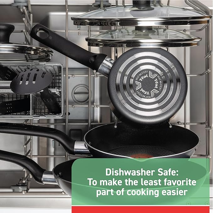 T-fal Initiatives Nonstick Cookware Set 18 Piece Oven Broiler Safe 350F Kitchen Cooking Set w/Fry Pans Saucepans Saute Pan Dutch Oven Griddle Pots and Pans Home Dishwasher Safe Red