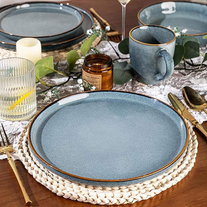 GBHOME Ceramic Dinnerware Sets for 4 12 Pieces Stoneware Plates and Bowls Sets Reactive Glaze Dishes -Scratch Resistant Dishwasher&ampMicrowave Safe Space Blue