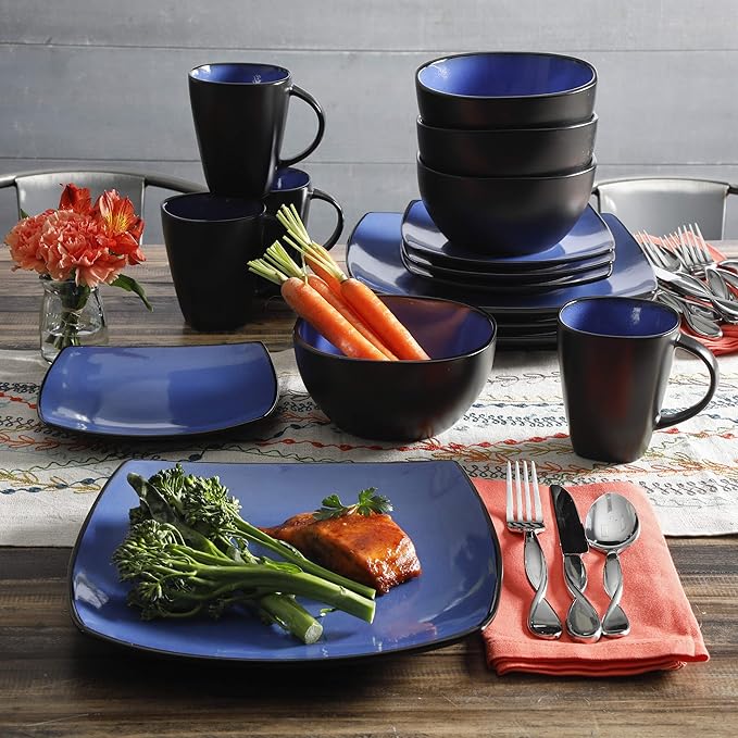 Gibson Elite Soho Lounge Square Reactive Glaze Stoneware Dinnerware Set Service for 4 (16pc) Sapphire
