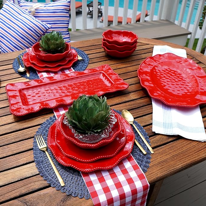Perlette Red Melamine Dinnerware Set – 12-Piece Scalloped Plates &amp Bowls Vibrant Glossy Finish Elegant Beaded Rim Durable &amp Lightweight – Service for 4 Indoor/Outdoor Use