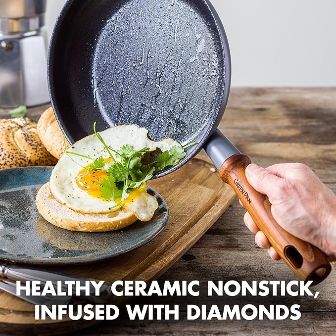 GreenPan Mayflower Pro Hard Anodized Healthy Ceramic Nonstick 12 Frying Pan Skillet Vintage Wood Handle PFAS-Free Induction Charcoal Gray