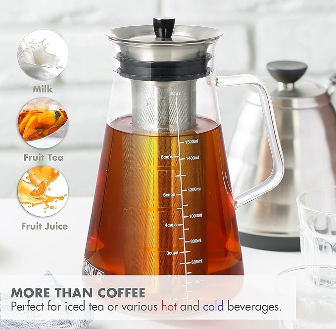 Aquach Airtight Cold Brew Coffee (Iced Tea) Maker 51oz/1.5L BPA-Free Durable Borosilicate Glass Pitcher and Stainless Steel Fine-Mesh Filter Dishwasher Safe Spill-proof 6 Cups Capacity