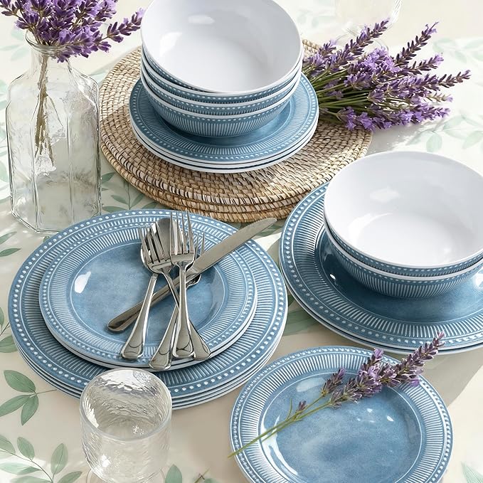 AELS Melamine Dinnerware Set of 18 Pcs Dinner Dishes Set for Indoor and Outdoor Use Melamine Plates and Bowls Set for 6 Dishwasher Safe Lightweight Unbreakable BPA Free Blue