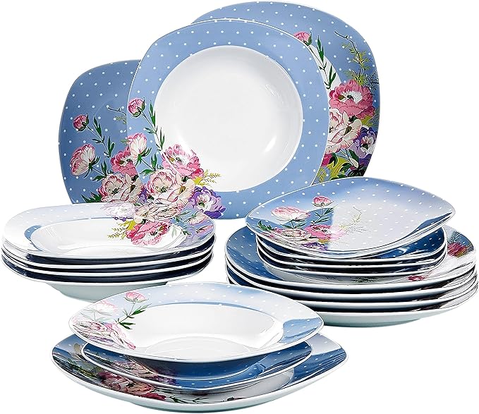 VEWEET'Hannah' 18-Piece Dinner Set Porcelain Dinnerware Set for 6 People with 6 Dessert Plates 180 ml Soup and Dinner Plates