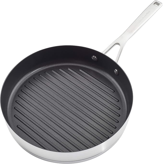 KitchenAid 3-Ply Base Brushed Stainless Steel Induction Pots and Pans Set with Nonstick Round Grill Pan and Lids Dishwasher Safe 10 Piece Cookware Set Brushed Stainless Steel