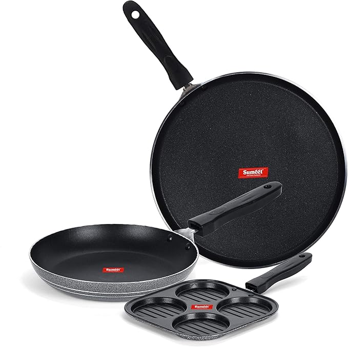 Sumeet NonStick Grys Cookware Set (Dosa Tawa - 26.5Cm Dia + Mini Multi Snack Maker - 4 Cavity -19.5cm + Tapper pan - 0.6Ltr - 20Cm Dia)