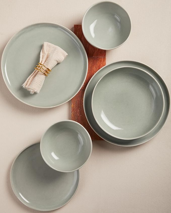 Plates and Bowls Sets 16 Pieces Dinnerware Set for 4 with Pasta Bowls Handmade Dishes Set Chip Resistant Dishware Sets Microwave Safe Dinner Set Designed for Interactive Meals Gray Green