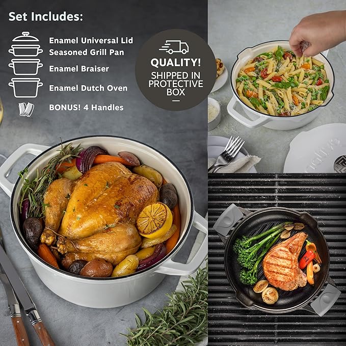 NATIVO 5pc Stackable Cast Iron Cookware Set Versatile Enamel Dutch Oven Seasoned Grill Pan &amp Enamel Braiser with Precision Pour Spouts Universal Lid Included Spacers/Handle Holders White Dutc