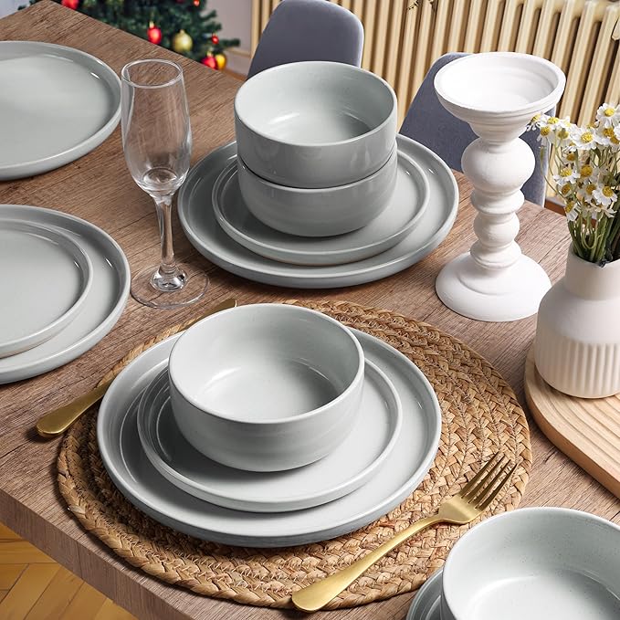 HaWare Stoneware Dinnerware Sets 24-Piece Plates and Bowls Set for 8 Dishes Set for Home Restaurant Speckled Misty Grey