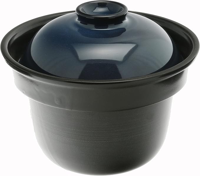 Kotobuki Japanese Earthenware Rice Pot Black with Blue Lid Black