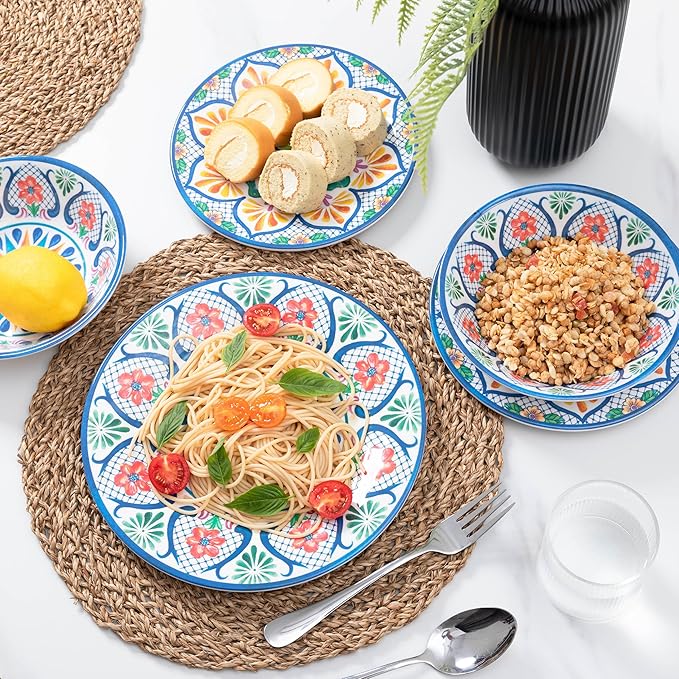 Melamine Dinnerware Sets 12-Piece Dinner Dishes Set for 4 Durable &amp Non Breakable Plates Bowls Set Shatterproof BPA-Free Dishware for Outdoor DiningPicnicCampingRV–Paisley Design