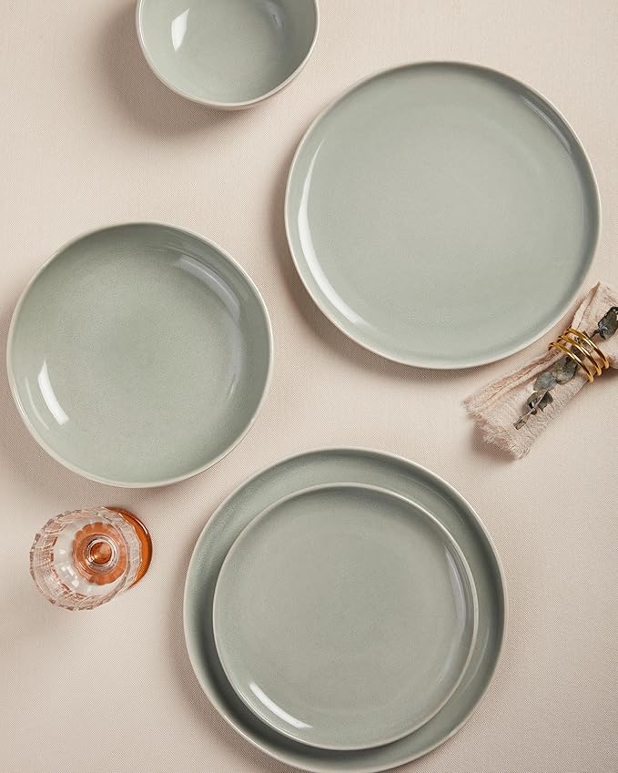 Plates and Bowls Sets 16 Pieces Dinnerware Set for 4 with Pasta Bowls Handmade Dishes Set Chip Resistant Dishware Sets Microwave Safe Dinner Set Designed for Interactive Meals Gray Green
