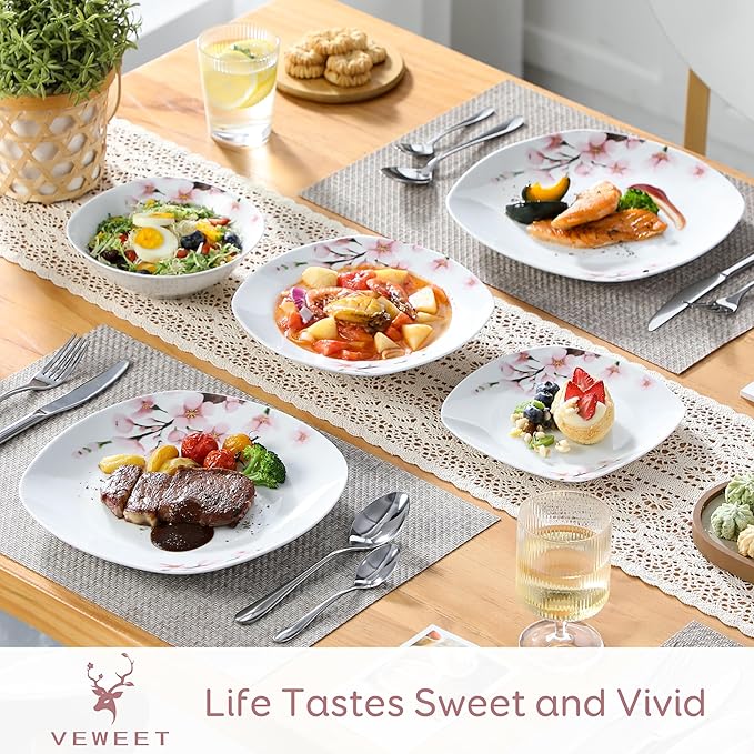 VEWEET Series Annie 48-Piece Ivory White Ceramic Porcelain Dinnerware Set with Pink Floral Pattern - Service for 12