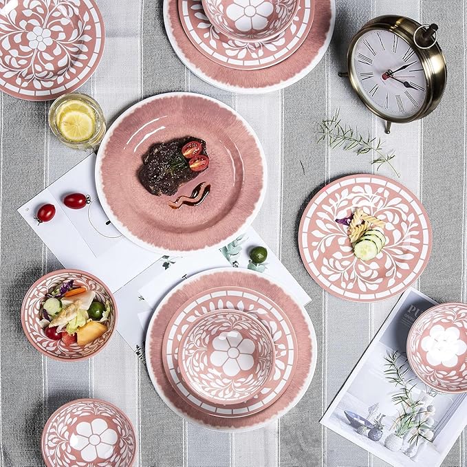 Melamine Dinnerware Sets - 12 Pcs Plates and Bowls SetUnbreakable Dinner Dishes Set for 4Lightweight Dishwasher Safe BPA FreeIndoor Outdoor use Pink