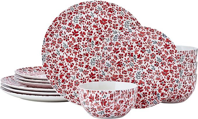 Pfaltzgraff Radiant Blossom 12 Piece Floral Stoneware Dinnerware Plate Bowl Dish Set Service for 4 Red