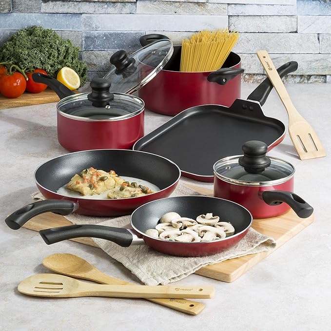Ecolution Easy Clean Nonstick Cookware Set Dishwasher Safe Kitchen Pots and Pans Set Comfort Grip Handle Even Heating Ultimate Food Release 12-Piece Red