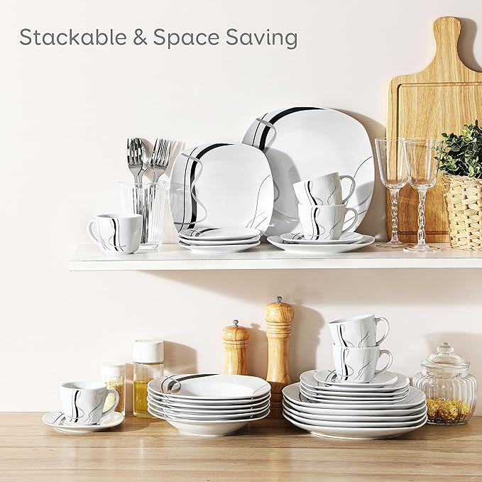 VEWEET Series Fiona 30-Piece Dinnerware Sets for 6 White Dishes Set with Black and Gray Stripes Porcelain Dinner Set Including Dessert Plates Soup Plates Dinner Plates Cups &amp Saucers