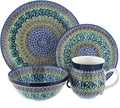 Blue Rose Polish Pottery - Green Mardi Gras 4 Piece Place Setting - Service for 1-1 Place Setting - Great for Everyday Dining Casual Dining or as Formal Dinnerware