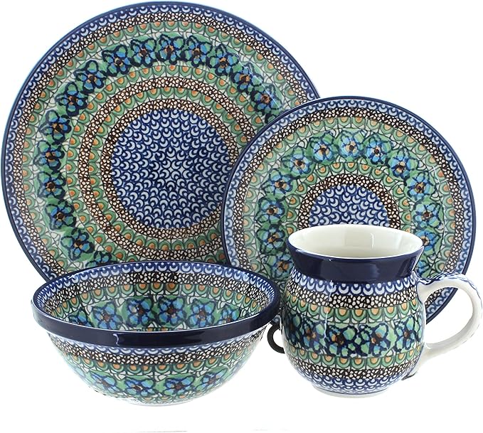 Blue Rose Polish Pottery - Green Mardi Gras 4 Piece Place Setting - Service for 1-1 Place Setting - Great for Everyday Dining Casual Dining or as Formal Dinnerware