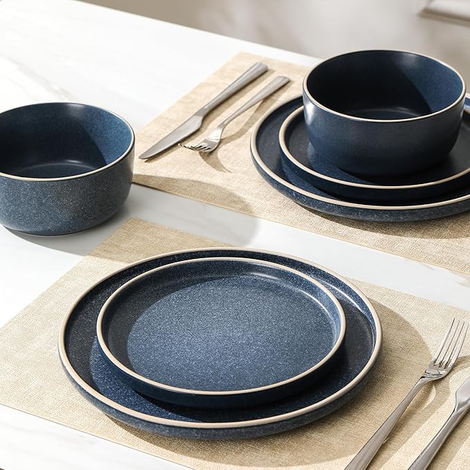 Earth &amp Clay Amber 12-Piece Dinnerware Set Stoneware Dishwasher and Microwave Safe Plates and Bowls Set Dish Set for 4 Blue