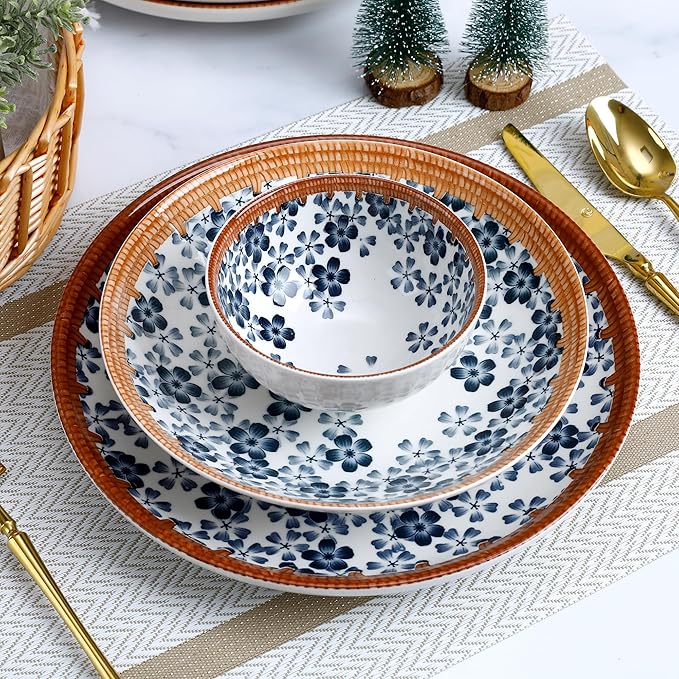 12-Piece Cherry Blossom Dinnerware Set Japanese Sakura Porcelain Plates &amp Bowls Service for 4 Microwave and Dishwasher Safe