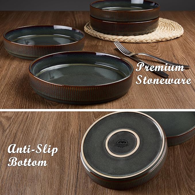 E-far 12-Piece Plates and Bowls Sets and 35oz Pasta Bowls Set of 4 bundle Stoneware Dinnerware Dishes Sets for 4 Kitchen Modern Dining Dishware Bowl Plate Blackish Green