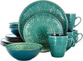 Unknown1 Deep Ocean Mandala 16 Pc Round Stoneware Dinnerware Set in Green Blue Textured Casual Piece Microwave Safe Medium