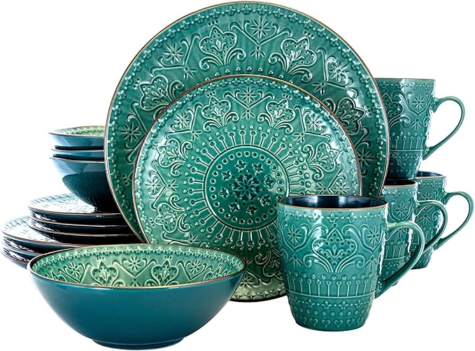 Unknown1 Deep Ocean Mandala 16 Pc Round Stoneware Dinnerware Set in Green Blue Textured Casual Piece Microwave Safe Medium