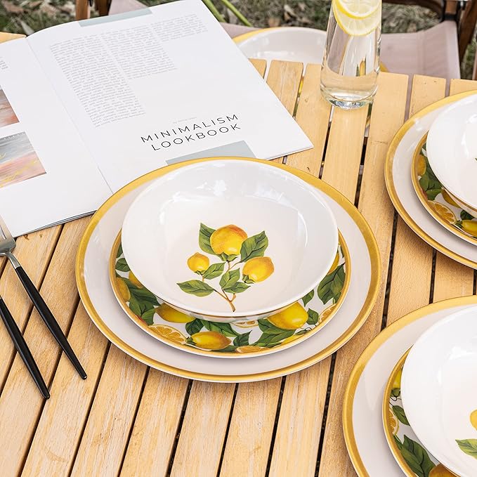 Melamine Dinnerware Sets- 12pcs Melamine Plates and Bowls Set for 4Indoor and Outdoor Dinnerware Lemon dinnerware set