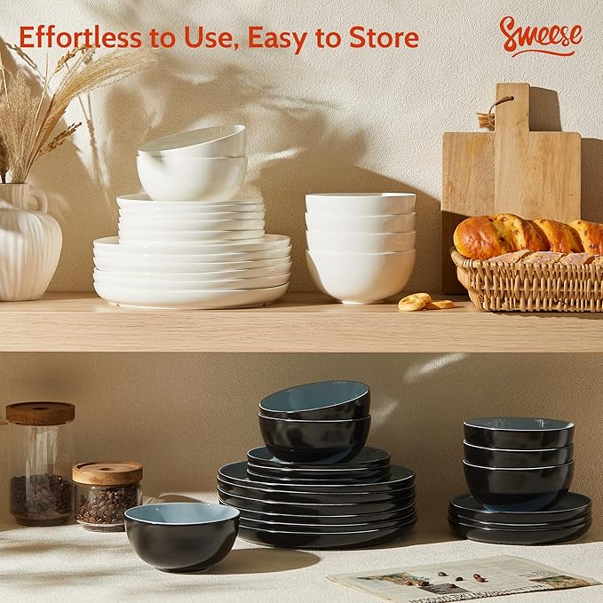 Sweese Porcelain Dinnerware Set of 6 Lightweight Round Plates and Bowls Set - Dishwasher Microwave Oven Safe Scratch Resistant Dinner Sets Kitchen Dishes Set - White