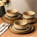 TheTerra Ceramic Dinnerware Sets for 4 12 Pieces Handmade Reactive Glaze Plates and Bowls Set Scratch Resistant Dish Set Oven &amp Microwave &amp Dishwasher Safe Creamy Amber