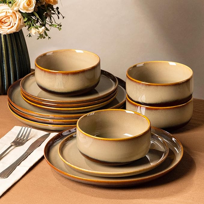 TheTerra Ceramic Dinnerware Sets for 4 12 Pieces Handmade Reactive Glaze Plates and Bowls Set Scratch Resistant Dish Set Oven &amp Microwave &amp Dishwasher Safe Creamy Amber
